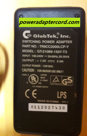 7.5V 2.0A Globetek GT-21089-1507-T3 New Working Power Supply